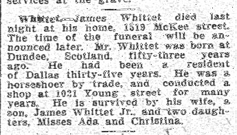James (vii.) obituary in the Dallas Morning News, December 12, 1911.